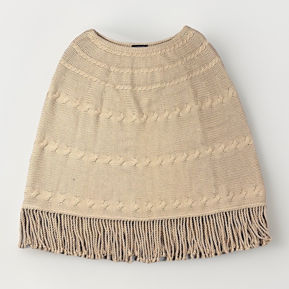 Lands' End Cable Knit Poncho Womens S/M Tan Beige Wool Blend Fringe Cape